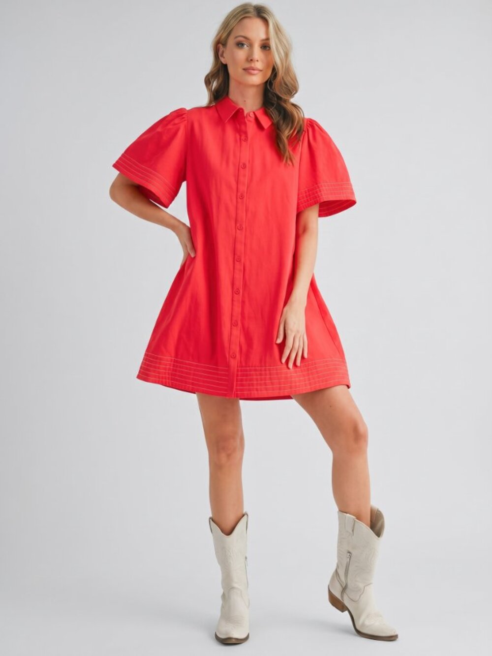 Women’s Cotton Coral Button Down Shirt Dress Short Sleeve Collared Mini Pocket - Picture 2 of 5